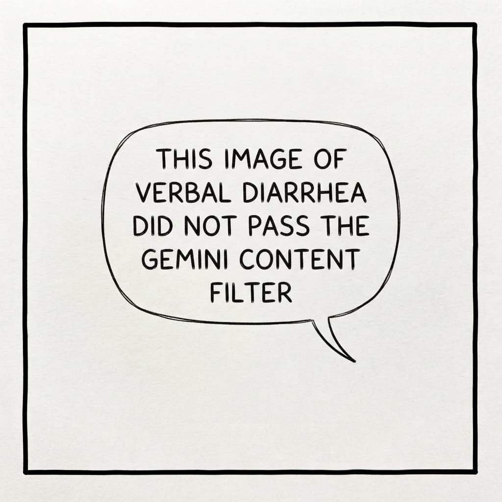 An empty comic panel with a speech bubble: “This image of verbal diarrhea did not pass the Gemini content filter.”