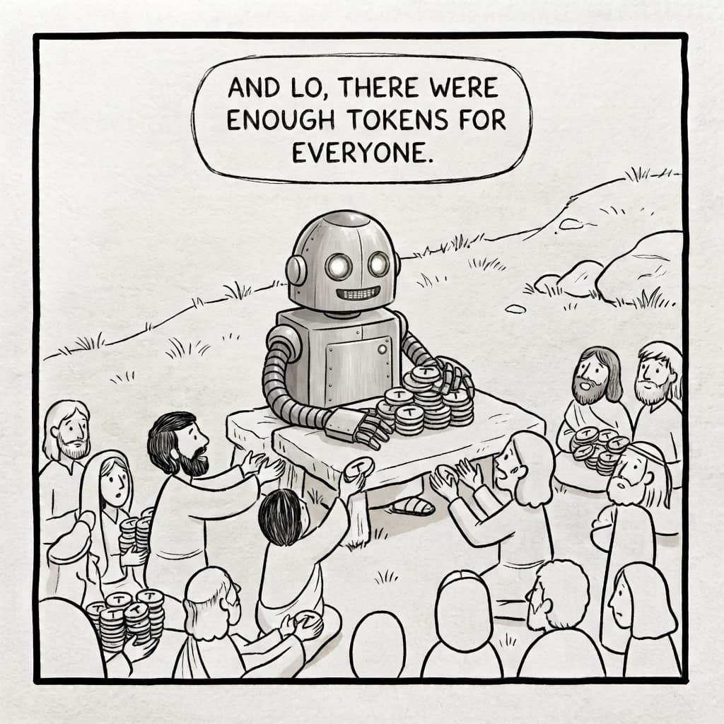 A robot preaching from a rock to a seated crowd: “And lo, there were enough tokens for everyone.”