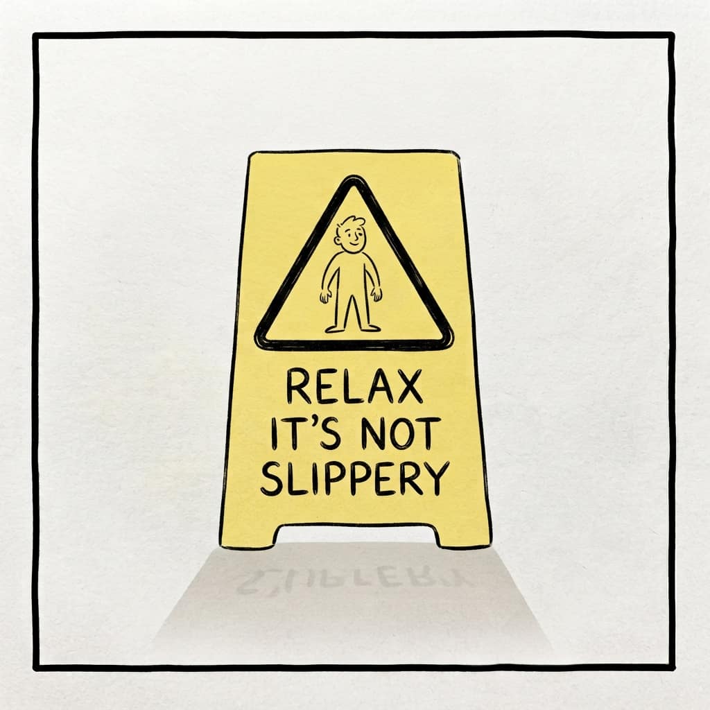 A yellow folding floor sign reading “Relax, it's not slippery.”