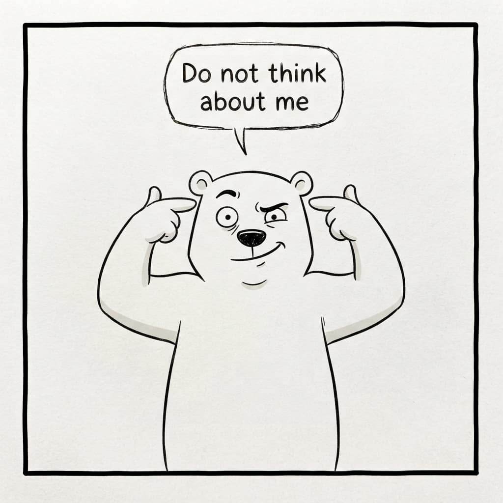 A polar bear pointing at its own head: “Do not think about me.”