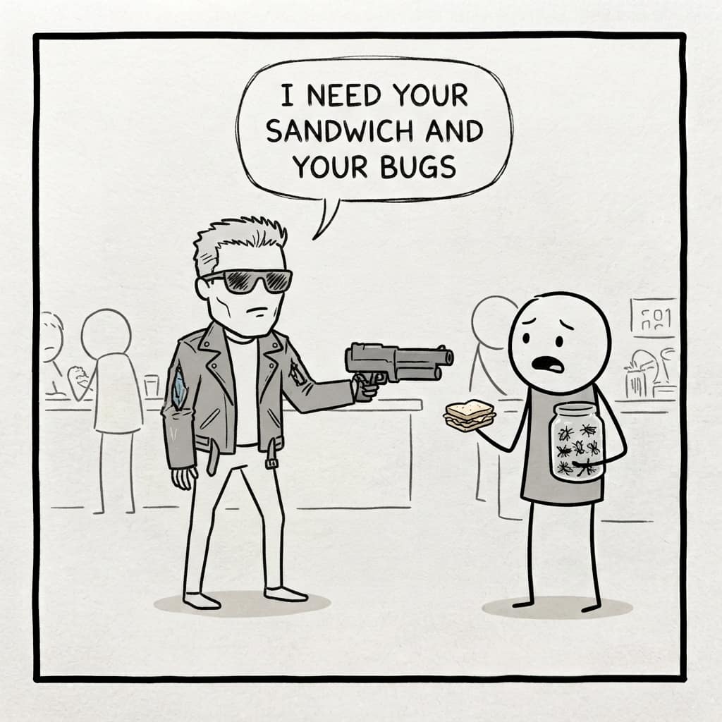 A Terminator holding up a bystander at gunpoint: “I need your sandwich and your bugs.”
