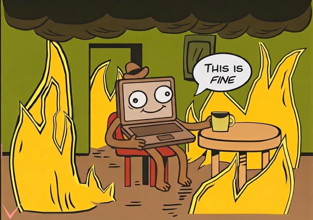 The “this is fine” dog, drawn as a laptop, sipping coffee in a burning room.