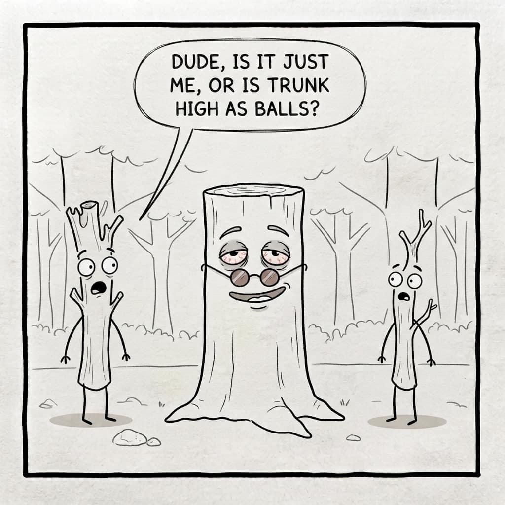 Two alarmed saplings looking at a serene tree stump in sunglasses: “Dude, is it just me, or is trunk high as balls?”